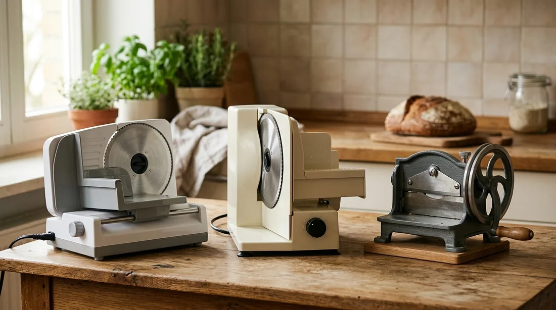 Drei Brotschneidemaschinen unterschiedlicher Bauart nebeneinander: zwei kompakte elektrische Haushaltsgeräte mit rundem Schneidemesser und aufrecht stehendem Gehäuse sowie eine gusseiserne Handkurbelmaschine mit Schwungrad