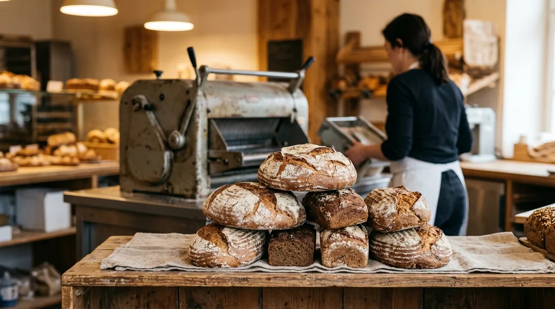Bäckereitheke mit gestapelten Brotlaiben und einer Schneidemaschine im Hintergrund