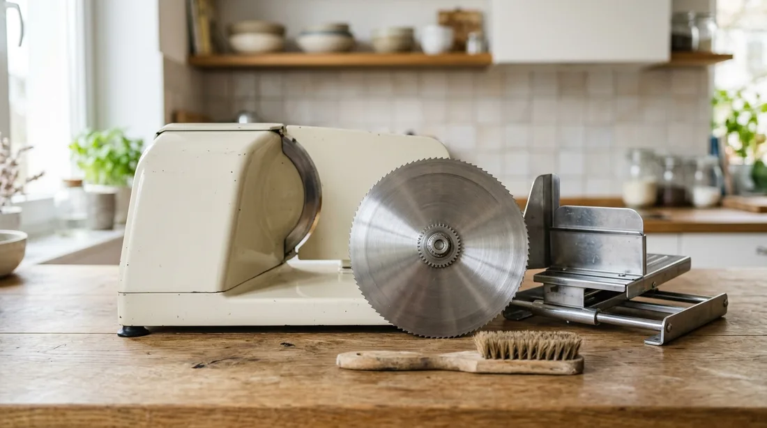 Zerlegte Brotschneidemaschine mit abgenommenem Rundmesser, Schlitten und einer Bürste mit steifen Borsten auf einer Arbeitsplatte, das Gehäuse bleibt geschlossen