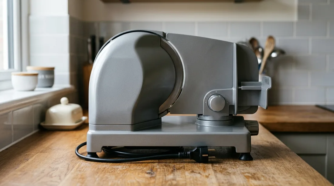 Elektrische Brotschneidemaschine im Ruhezustand: Das Rundmesser liegt größtenteils hinter der festen Gehäuseabdeckung, ein schmaler Rand der Schneide bleibt am Gehäusespalt sichtbar
